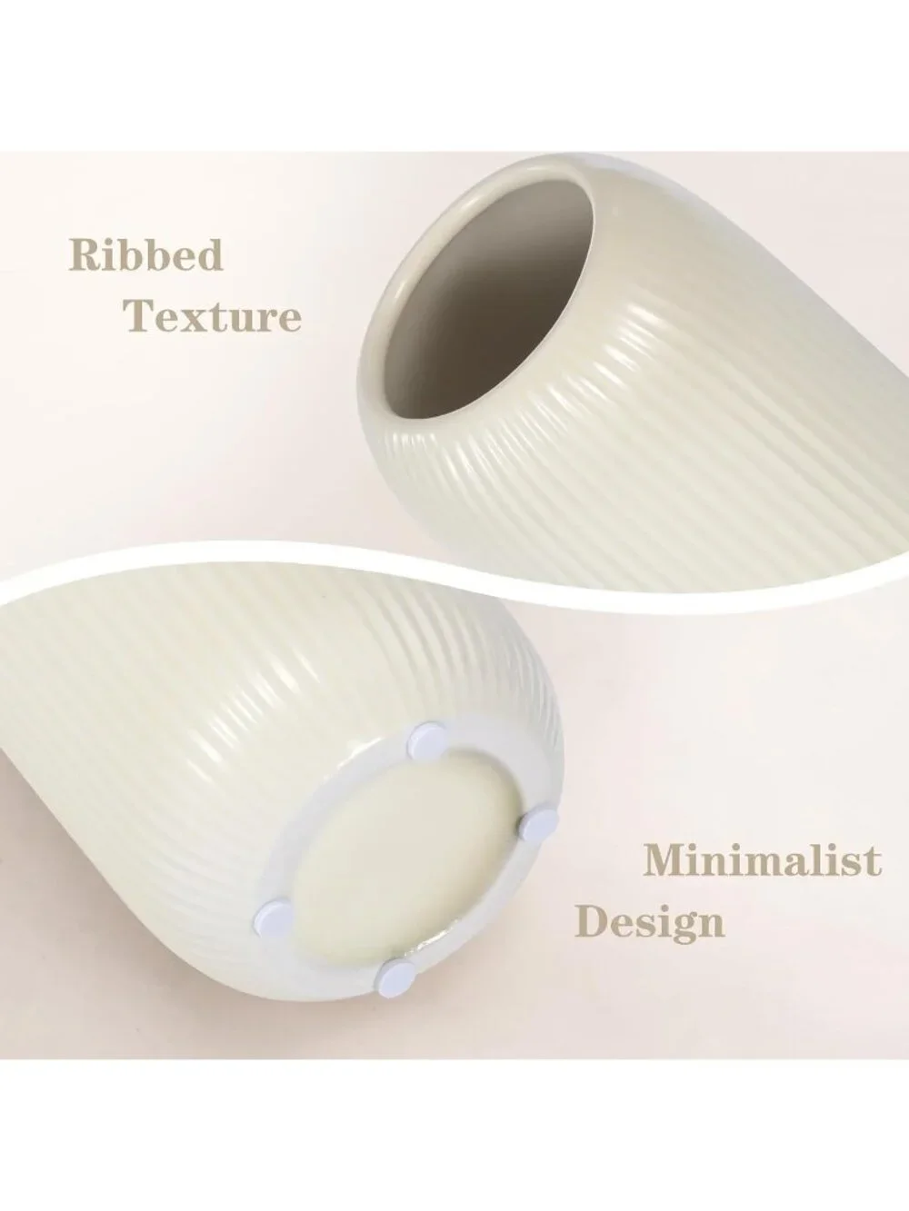 Modern Small Beige Ceramic Vase Flowers Ribbed Textured Farmhouse Home Livings
